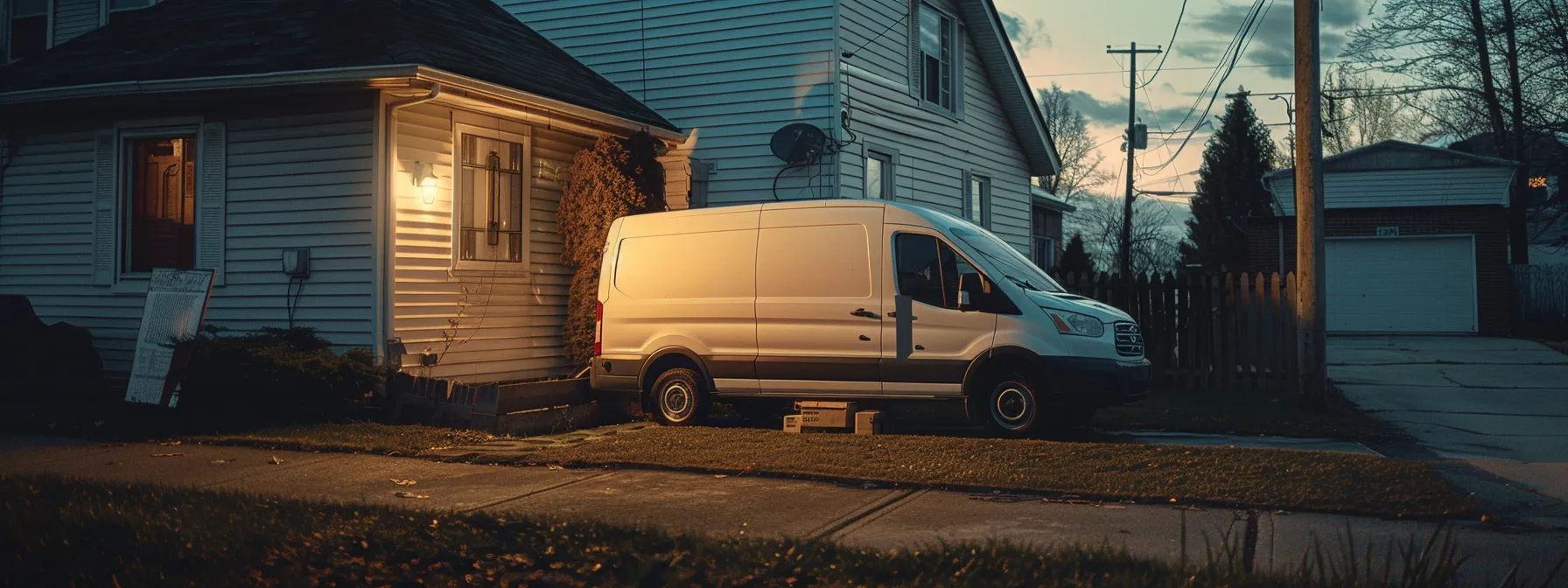 a locksmith's van parked outside a suburban home, displaying certifications and insurance details on the window.