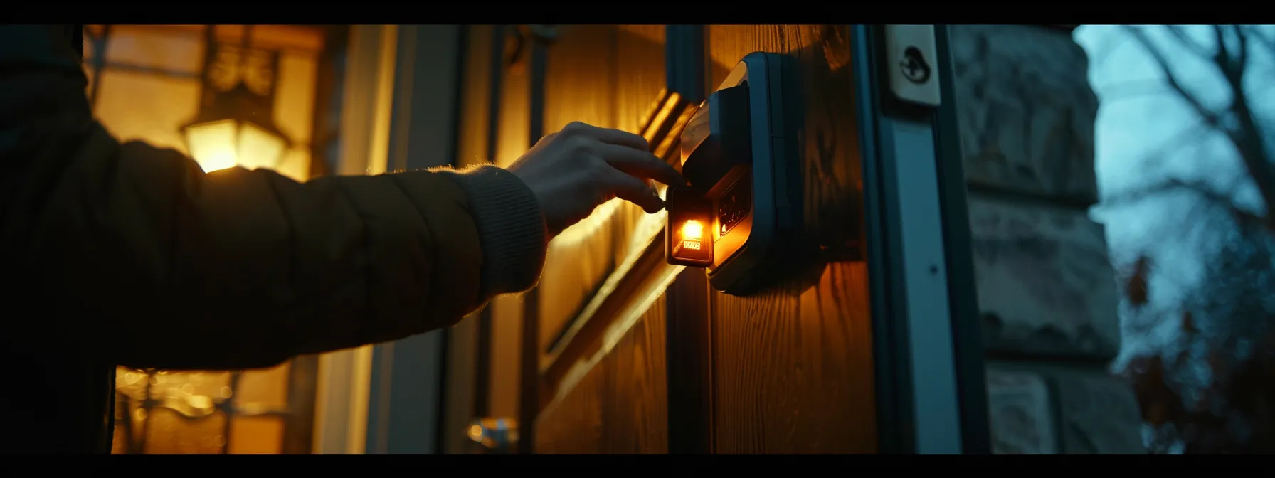 a person installing a high-tech smart lock on their front door, enhancing home security after rekeying.