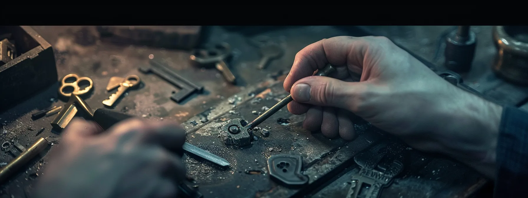 a skilled locksmith delicately extracting a broken key from a lock, using precision tools with expert precision and care.