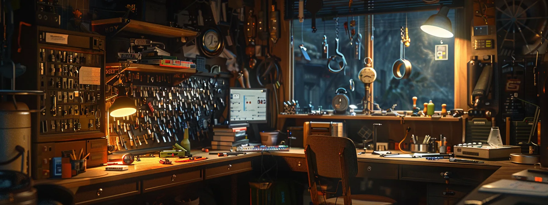 a skilled locksmith meticulously reconfiguring locks in a dimly lit office, surrounded by a variety of tools and security gadgets.
